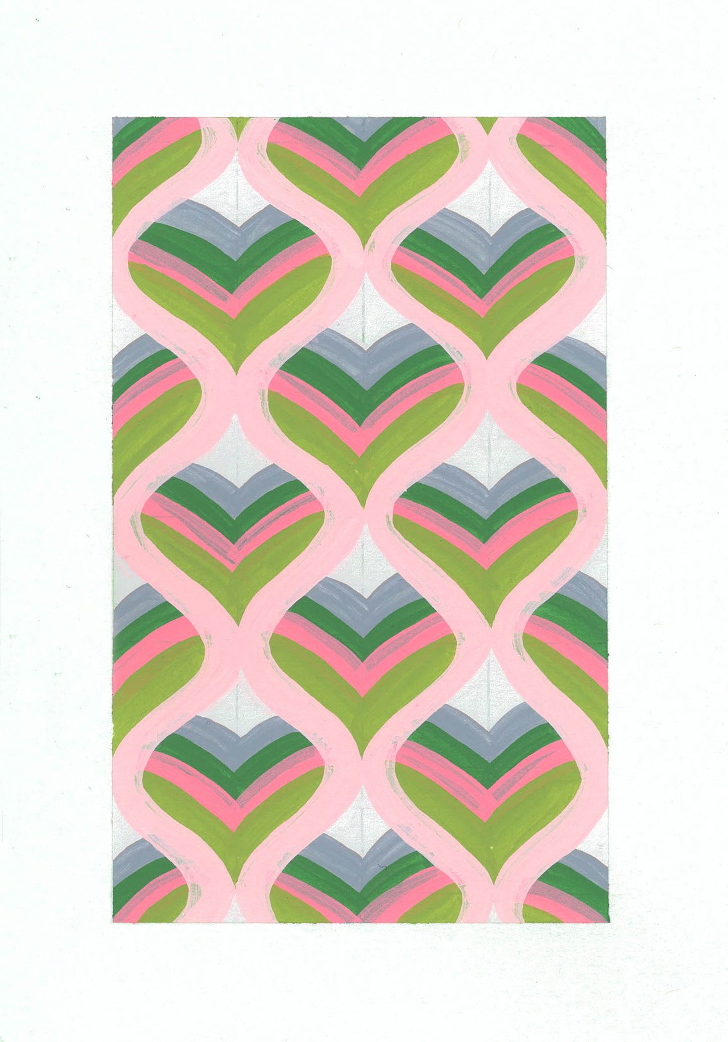 Cecilia Charlton Painted Bargello Hearts Grey Green Pink on Blue Green