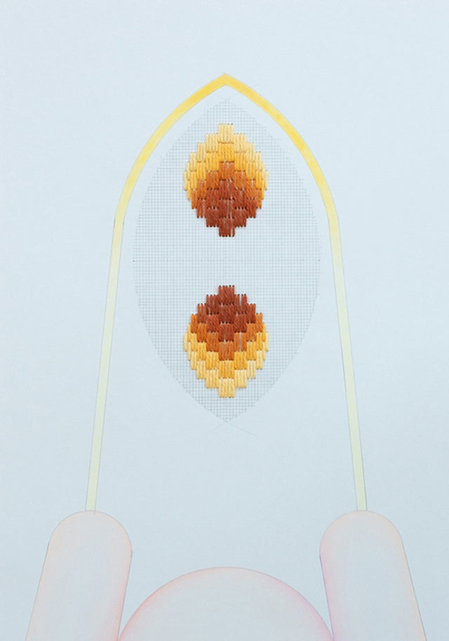 Cecilia Charlton Bargello Vesica Piscis (Yellow Orange on Grey)