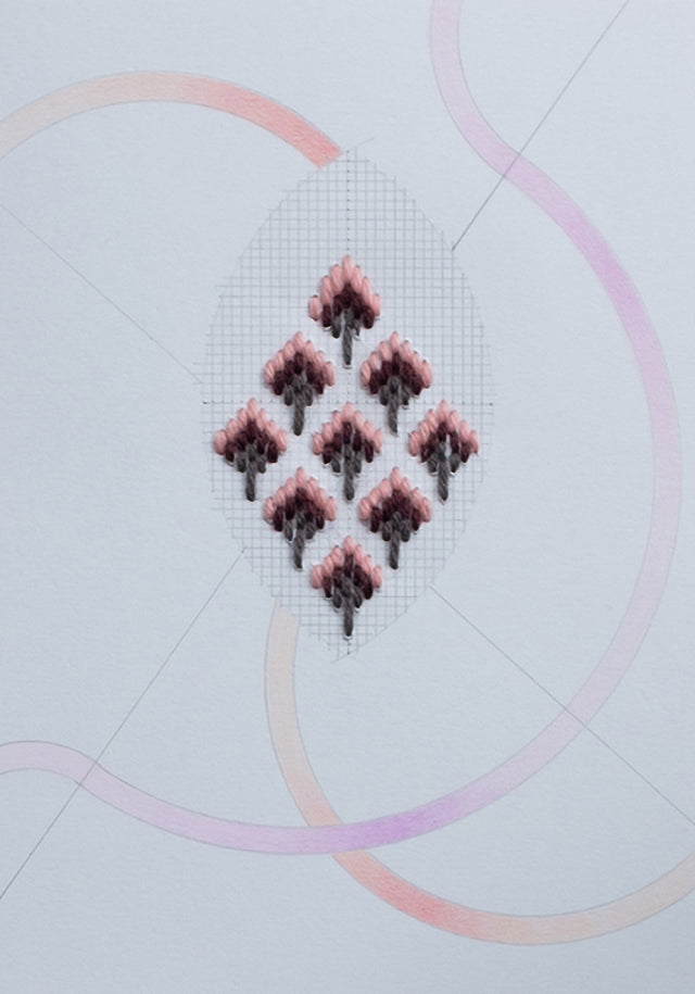 Cecilia Charlton Bargello Vesica Piscis (Pink Maroon Grey on Blue)
