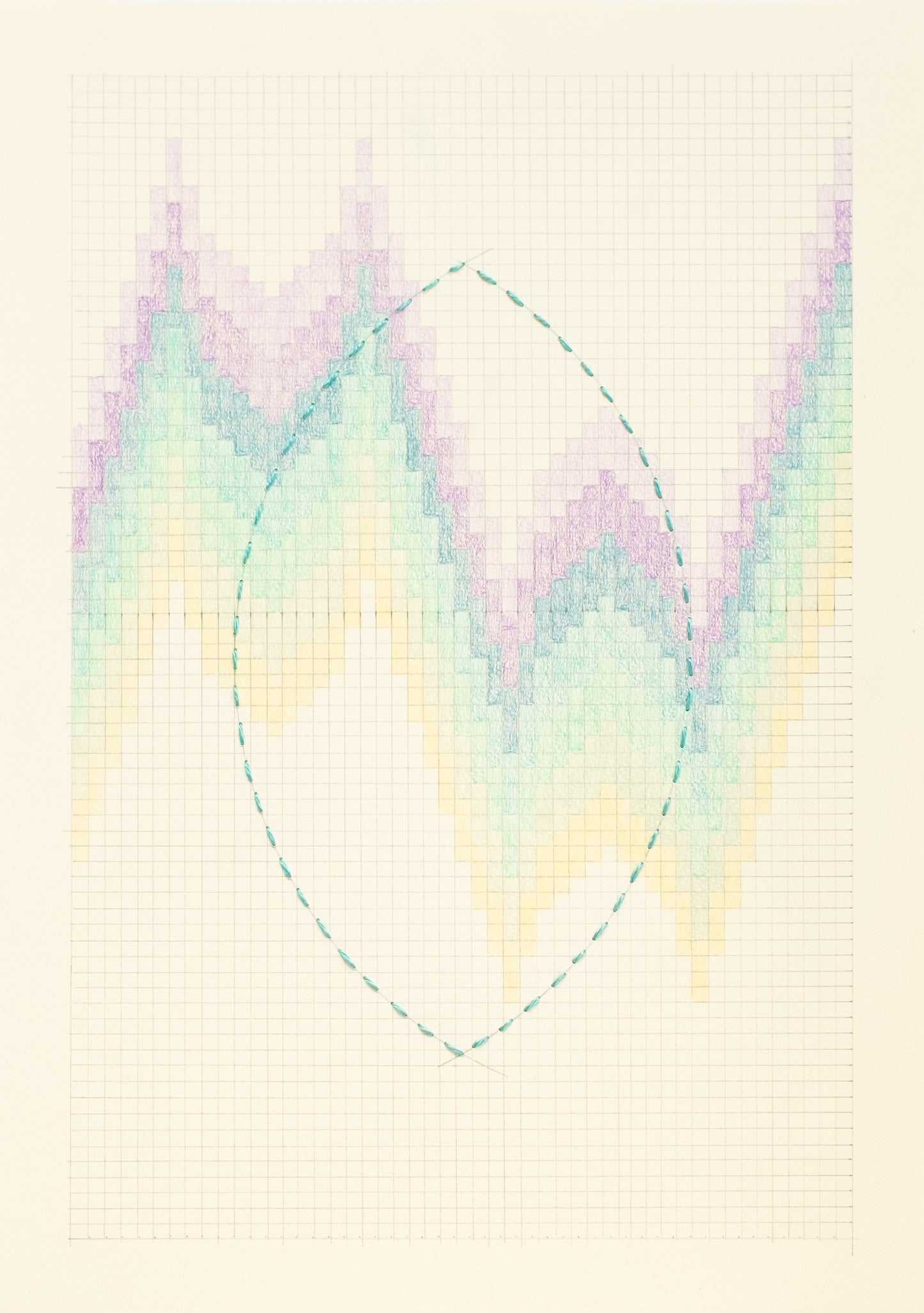 Cecilia Charlton Drawn Bargello Green Vesica Piscis on Purple-Yellow Chevrons