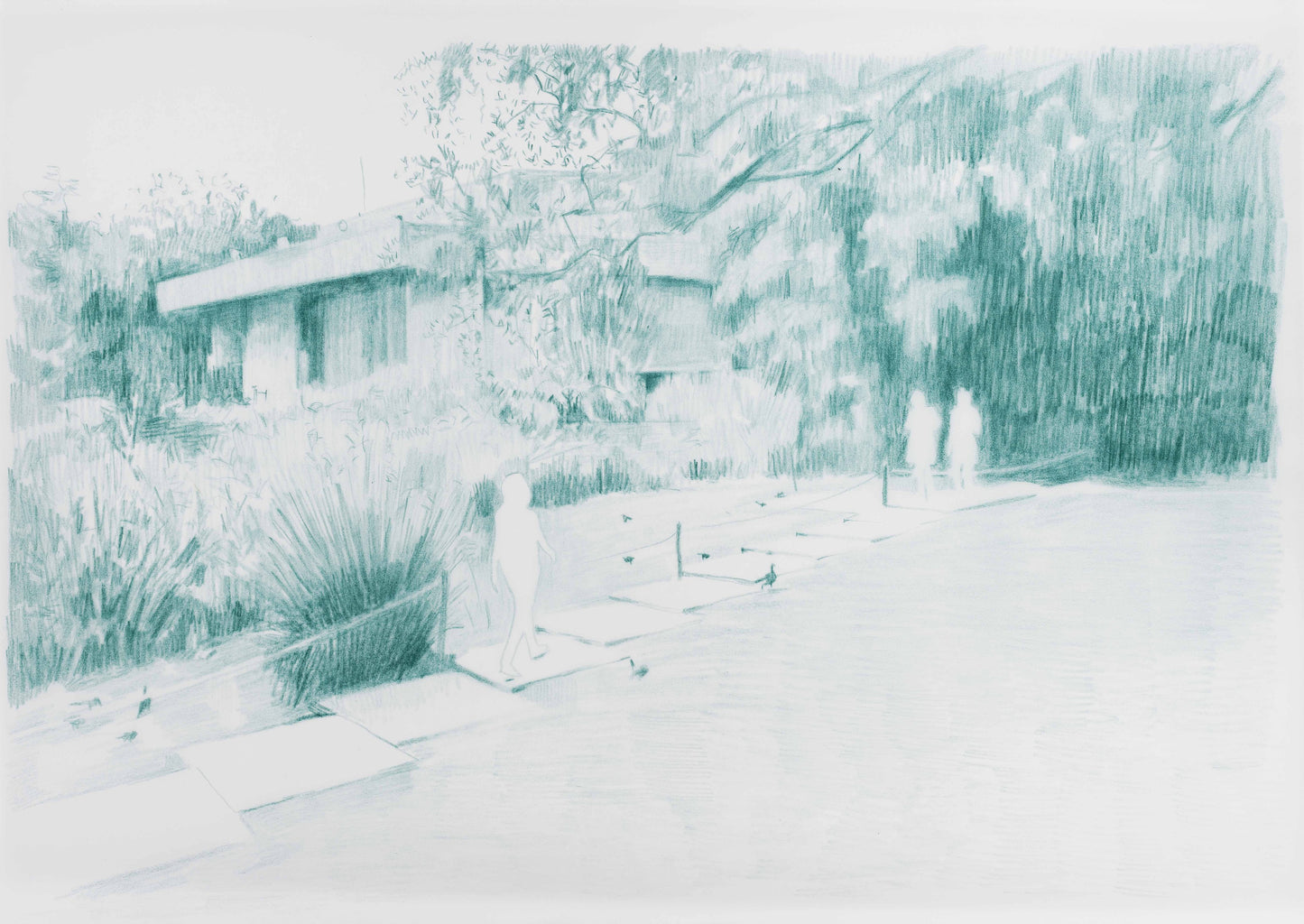 Figures on a path in green