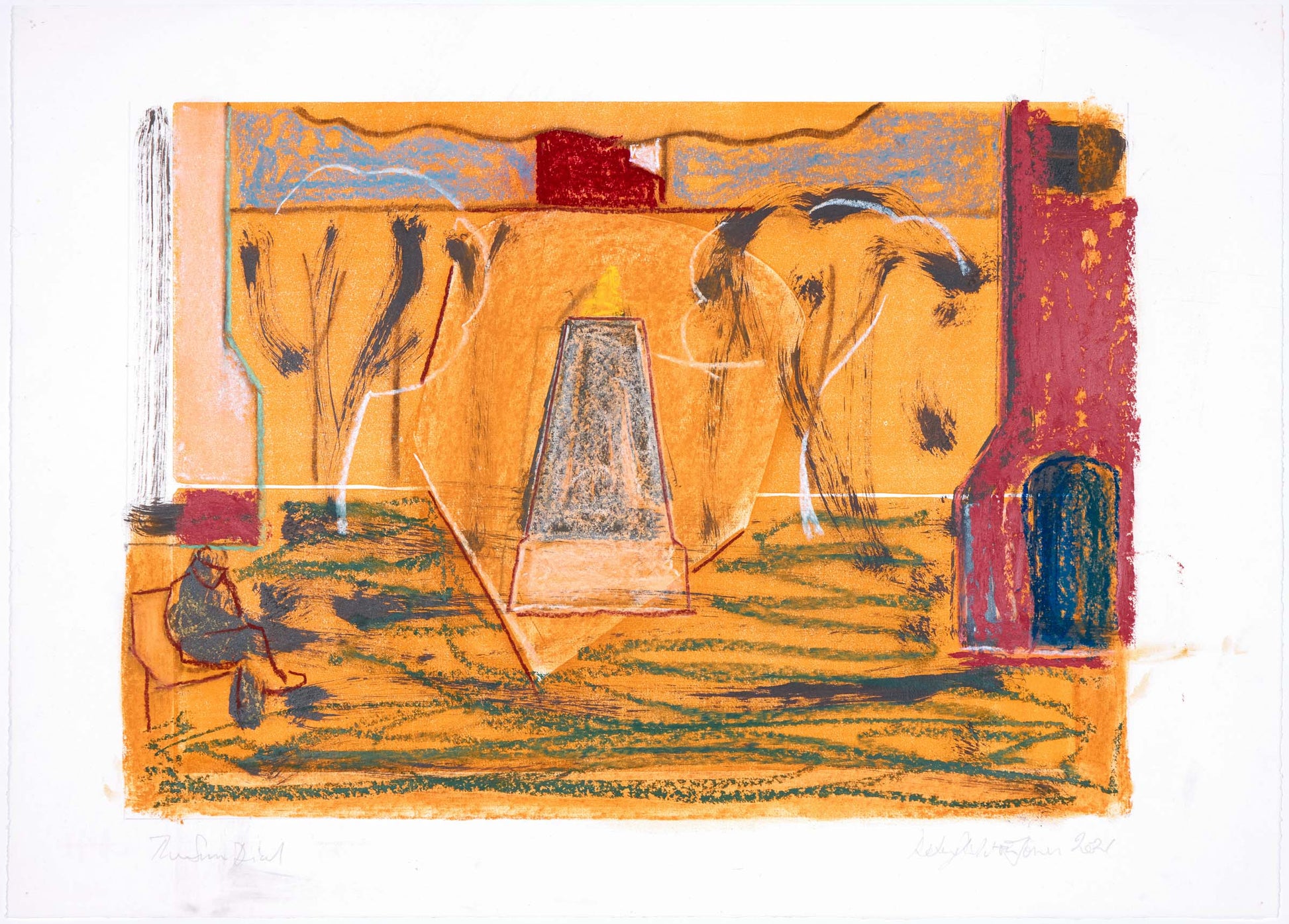 Peter Jones The Sun Dial 30x42cmcharcoalpastelindian Inkoilstick On Block Print