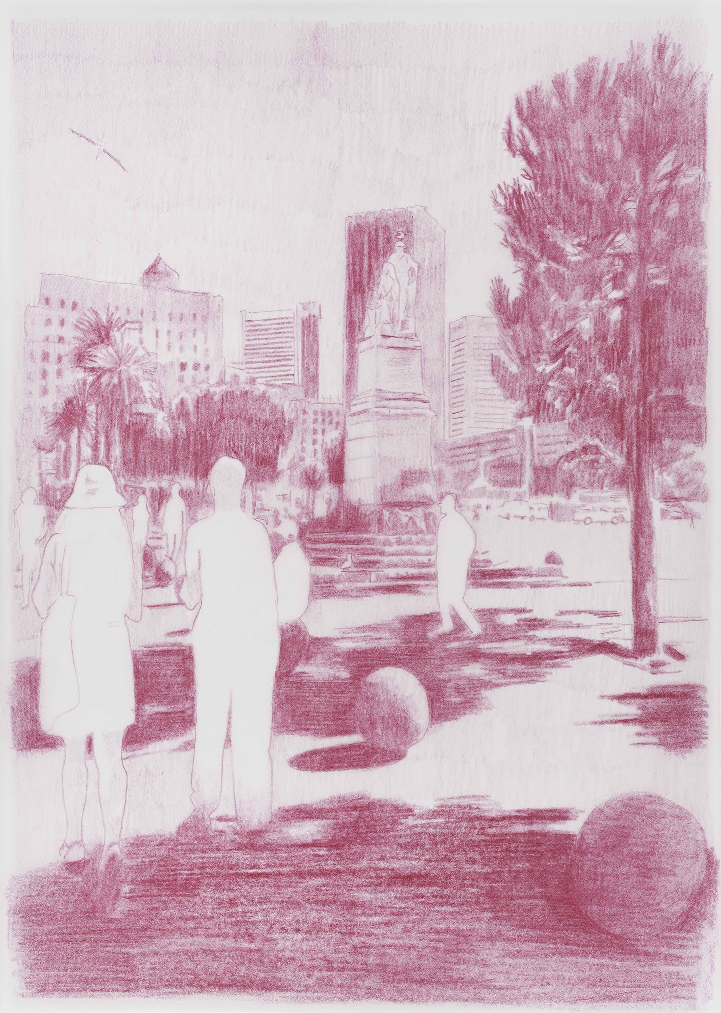 Figures in a pink city